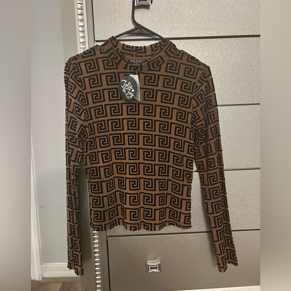 Brown and black Geometric mesh Long Sleeve Top